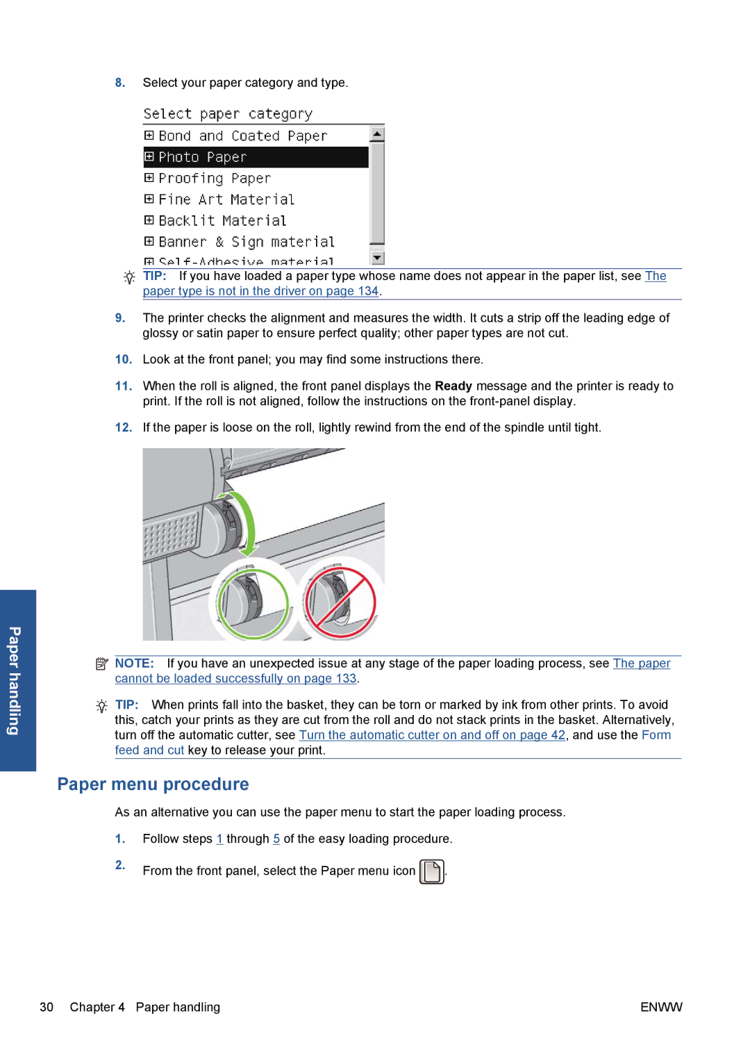 HP Z5200 CQ113A#B1K manual Paper menu procedure 