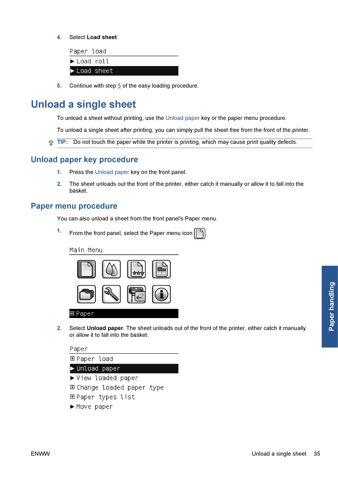 HP Z5200 CQ113A#B1K manual Unload a single sheet, Unload paper key procedure, Select Load sheet 