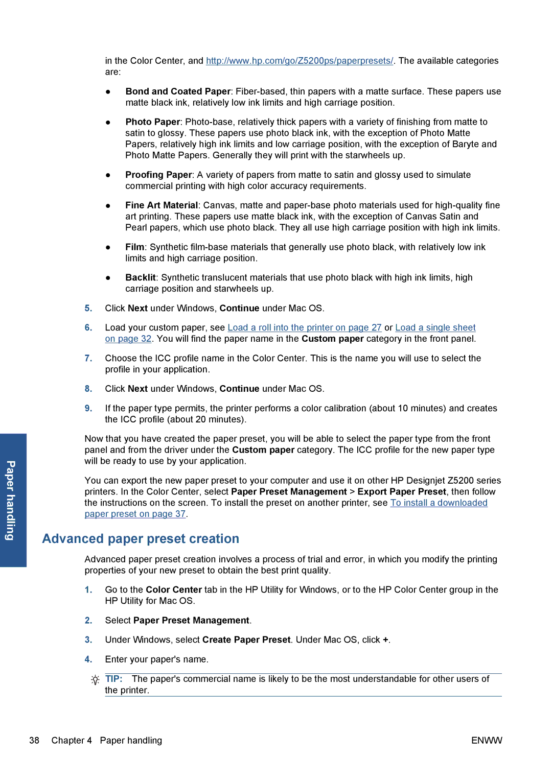 HP Z5200 CQ113A#B1K manual Advanced paper preset creation, Select Paper Preset Management 