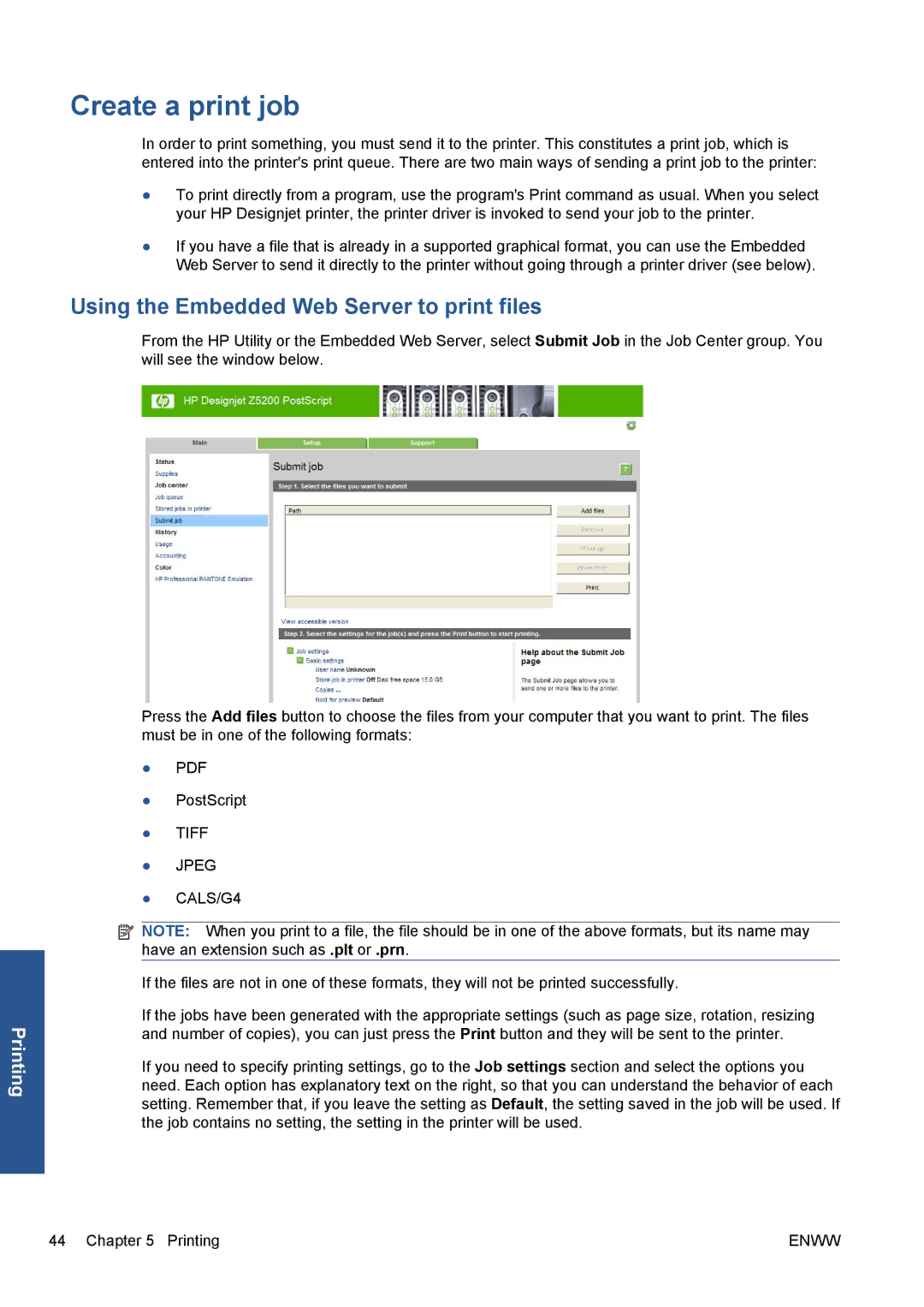 HP Z5200 CQ113A#B1K manual Create a print job, Using the Embedded Web Server to print files 