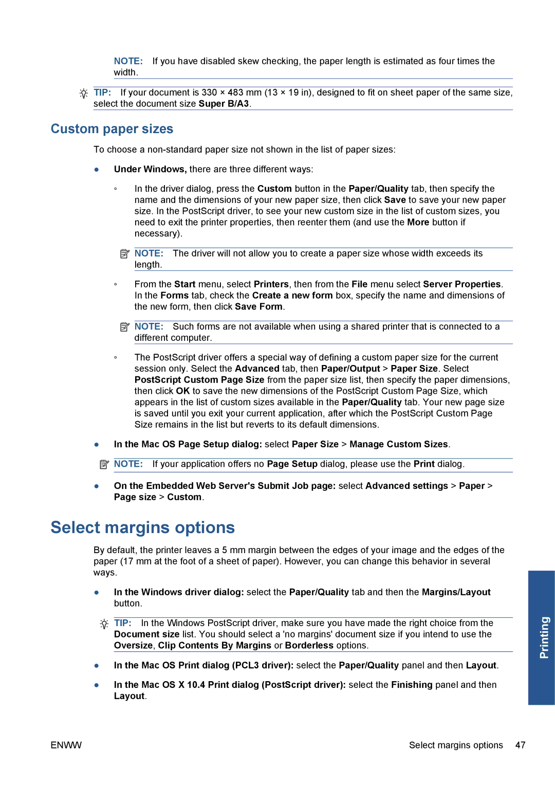 HP Z5200 CQ113A#B1K manual Select margins options, Custom paper sizes 