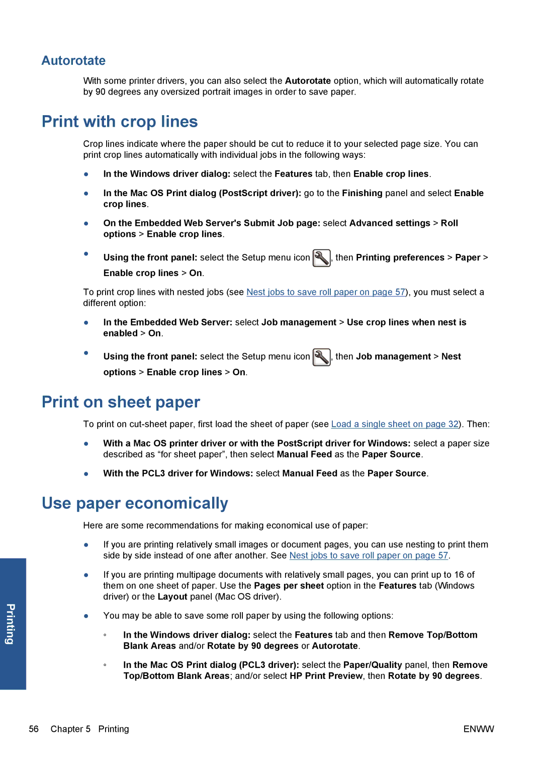 HP Z5200 CQ113A#B1K manual Print with crop lines, Print on sheet paper, Use paper economically, Autorotate 