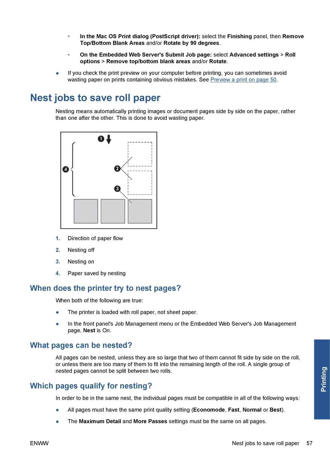 HP Z5200 CQ113A#B1K Nest jobs to save roll paper, When does the printer try to nest pages?, What pages can be nested? 