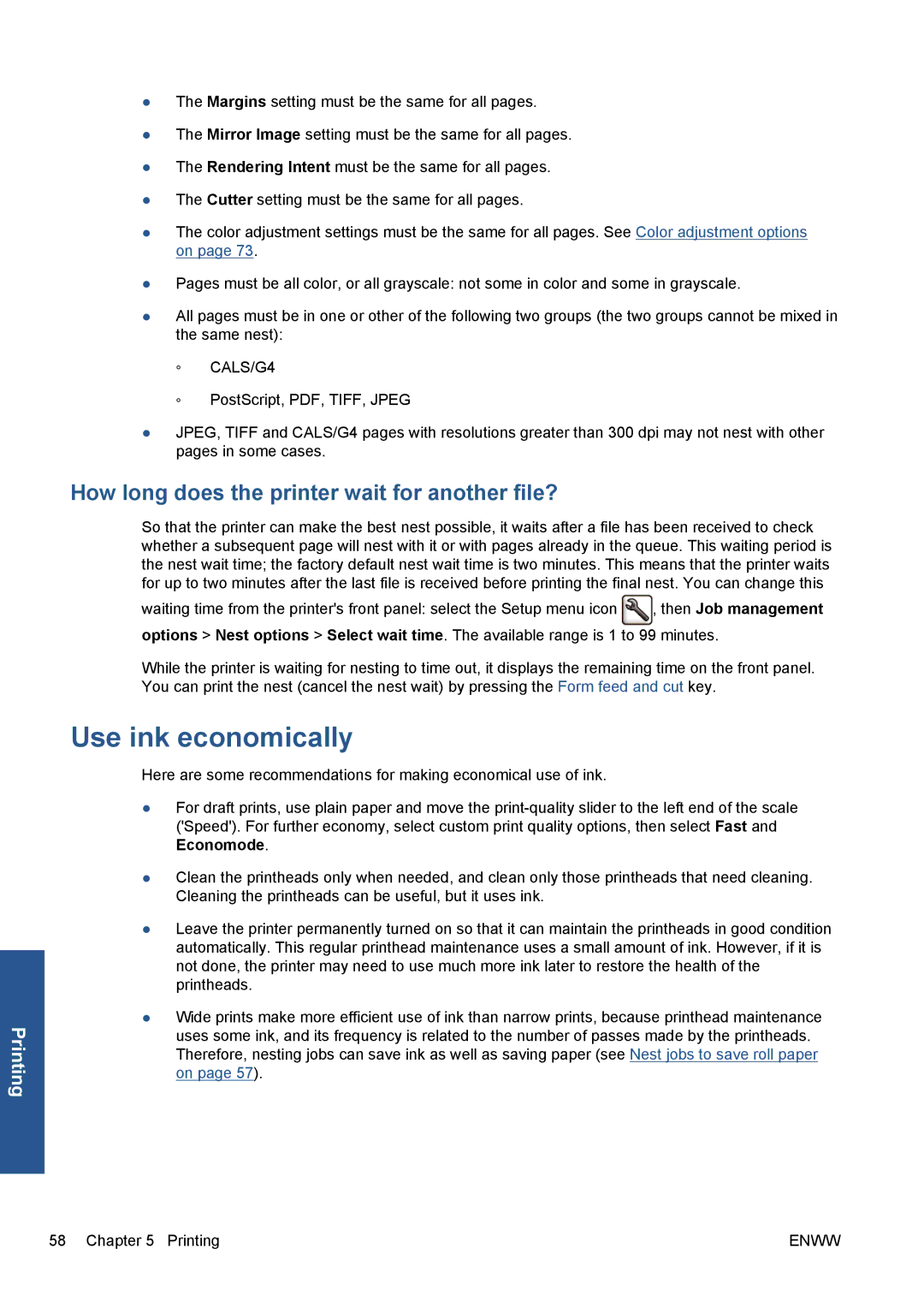 HP Z5200 CQ113A#B1K manual Use ink economically, How long does the printer wait for another file? 