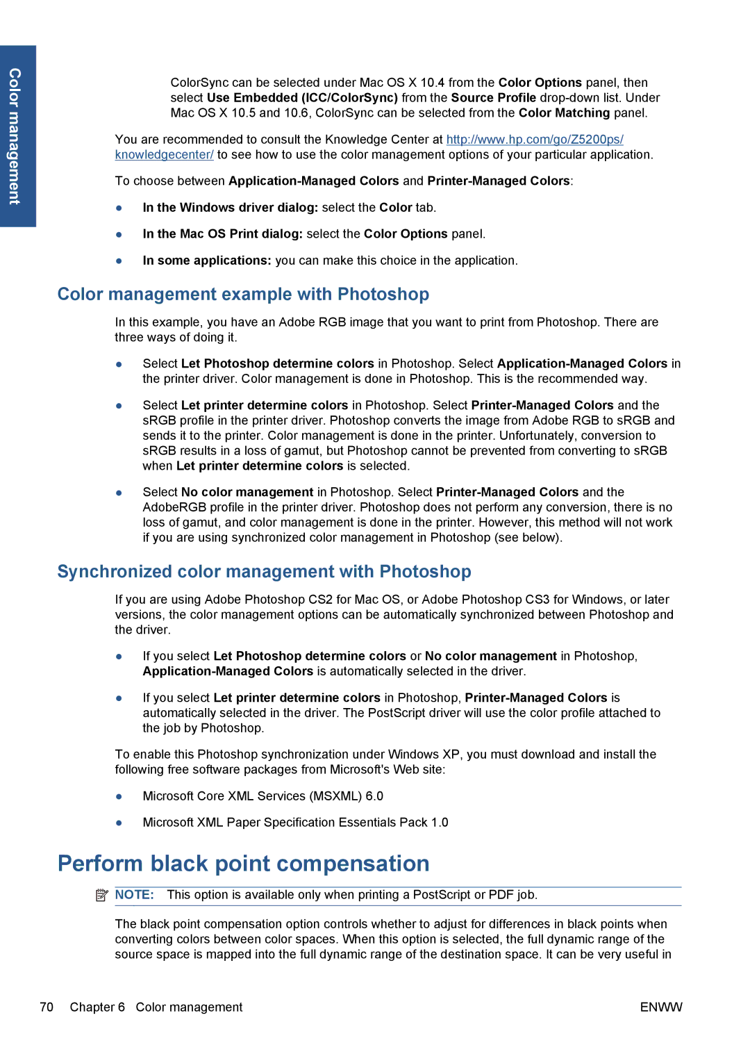 HP Z5200 CQ113A#B1K manual Perform black point compensation, Color management example with Photoshop 