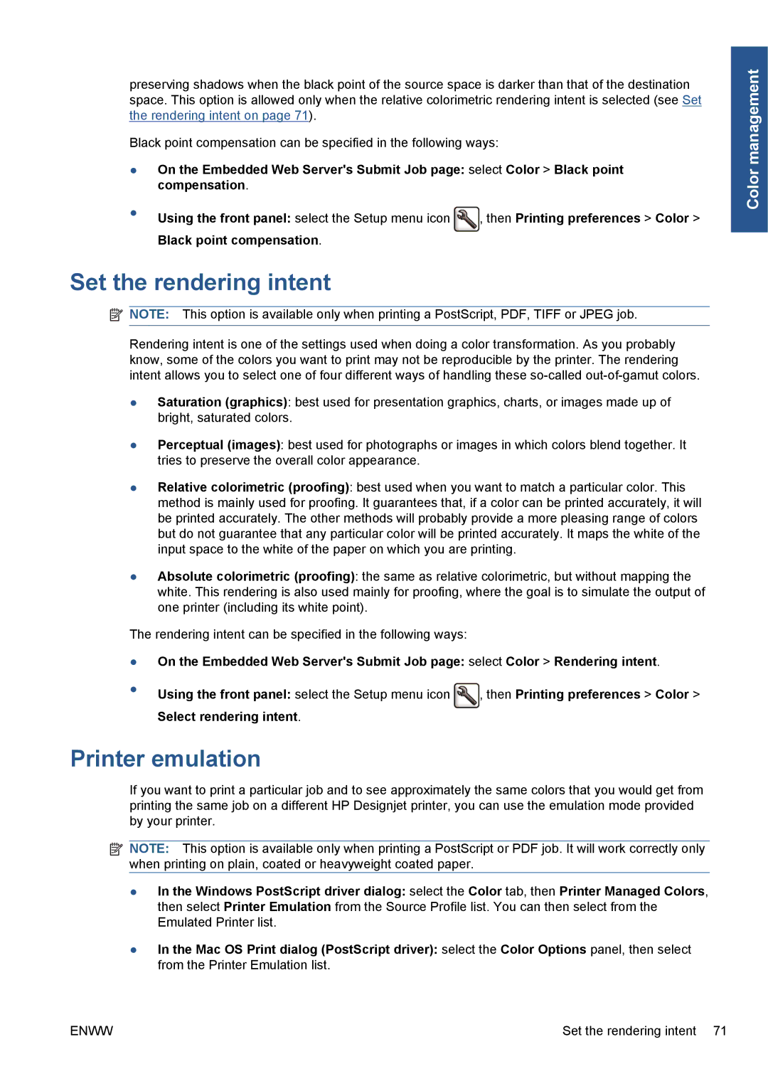 HP Z5200 CQ113A#B1K manual Set the rendering intent, Printer emulation 