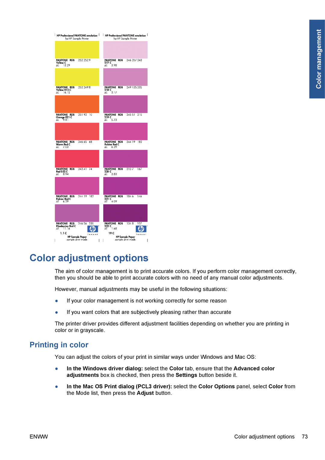 HP Z5200 CQ113A#B1K manual Color adjustment options, Printing in color 