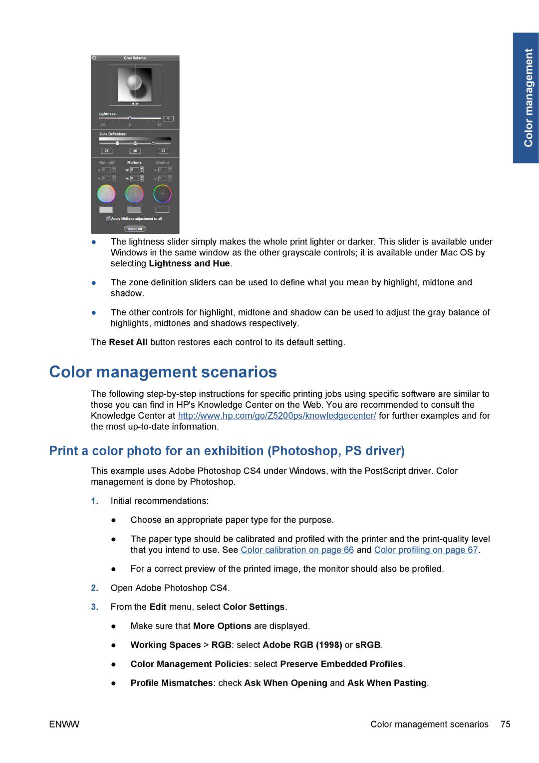 HP Z5200 CQ113A#B1K manual Color management scenarios, Print a color photo for an exhibition Photoshop, PS driver 