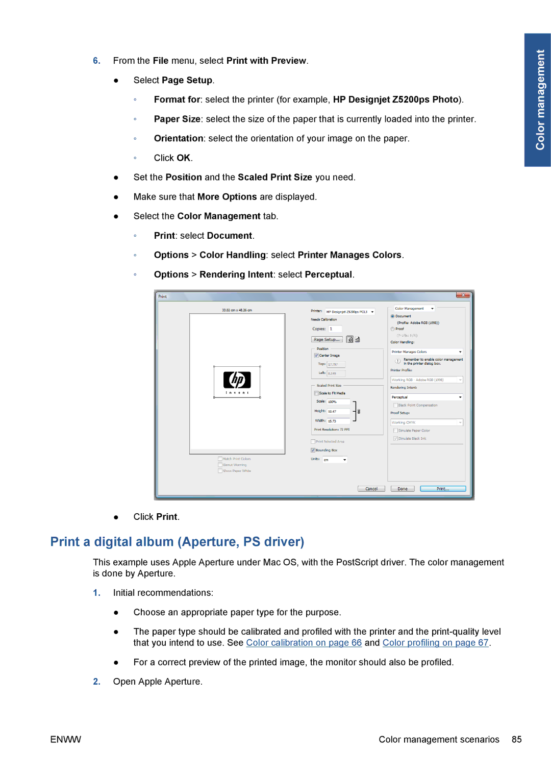 HP Z5200 CQ113A#B1K manual Print a digital album Aperture, PS driver, Select Page Setup 