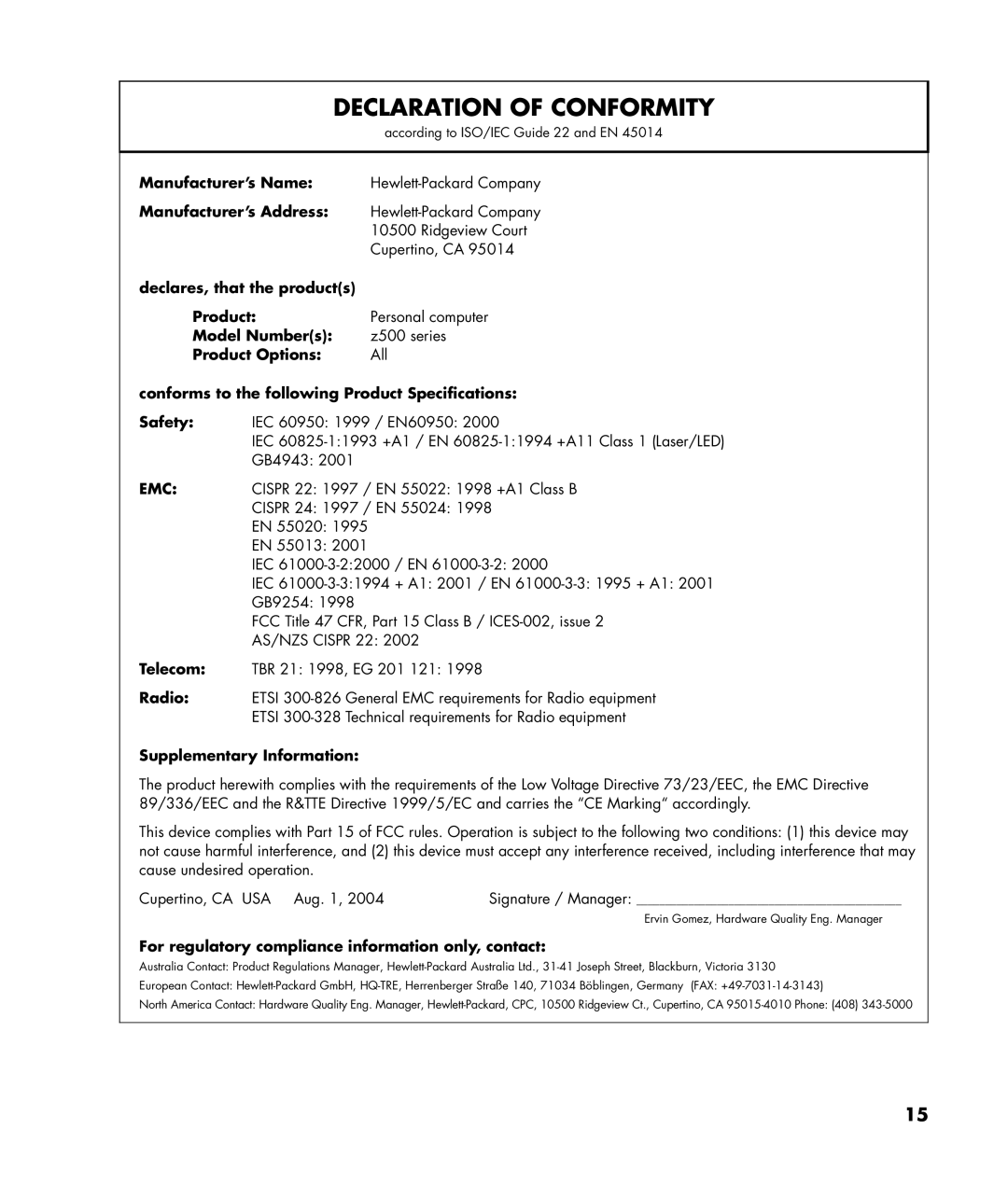 HP z545-h, z540 manual Declaration of Conformity 