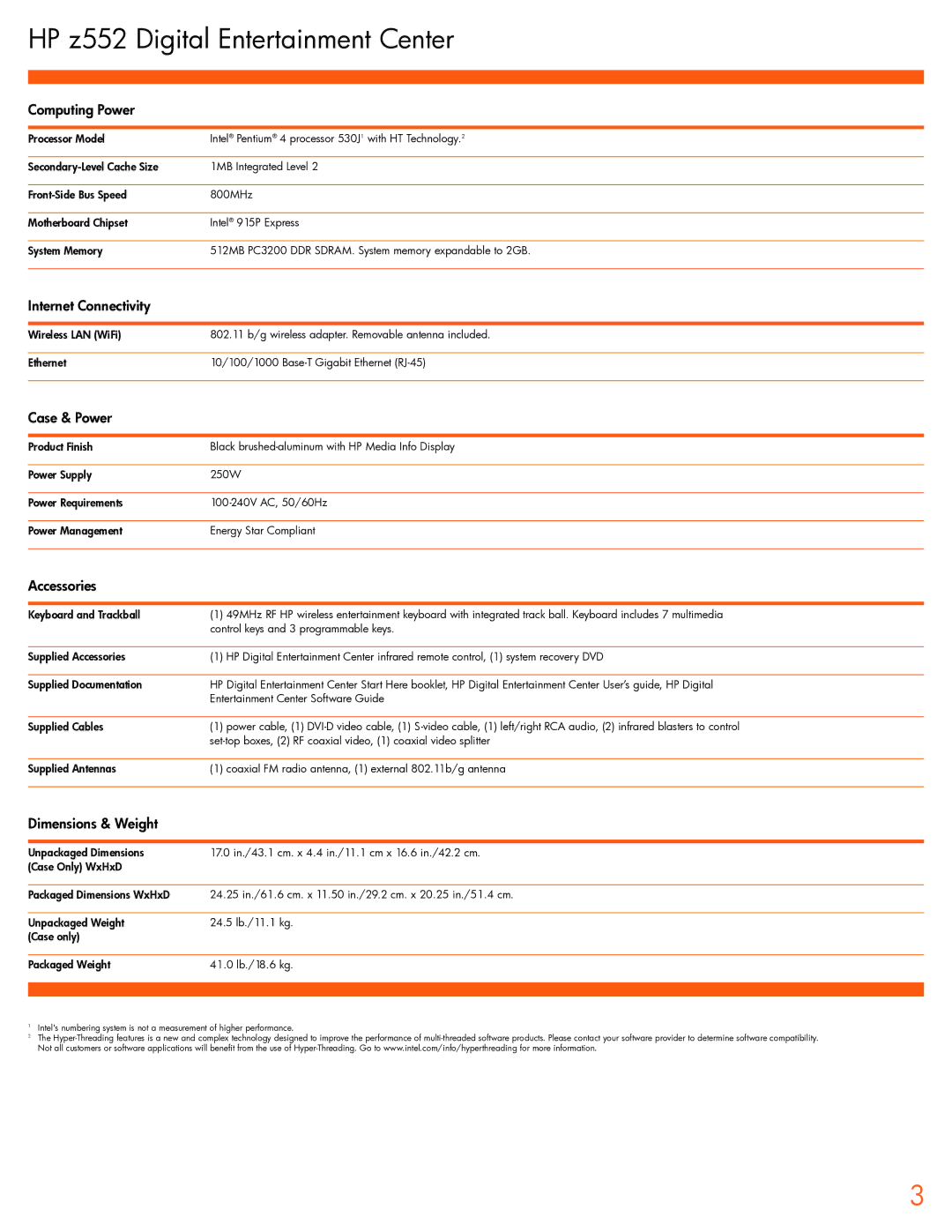 HP z552 manual Computing Power, Internet Connectivity, Case & Power, Accessories, Dimensions & Weight 