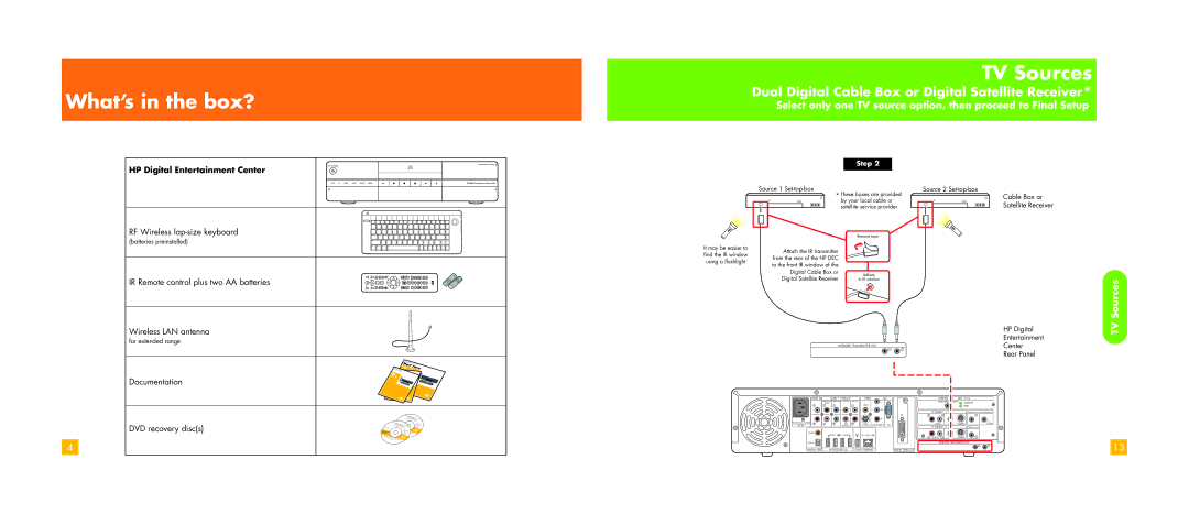 HP z557, z552, z545-h, z540 manual What’s in the box? TV Sources, HP Digital Entertainment Center 