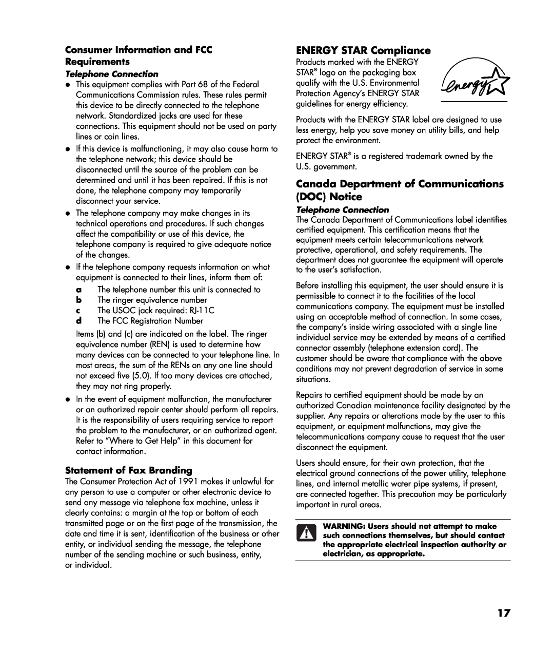 HP z552 ENERGY STAR Compliance, Canada Department of Communications DOC Notice, Consumer Information and FCC Requirements 