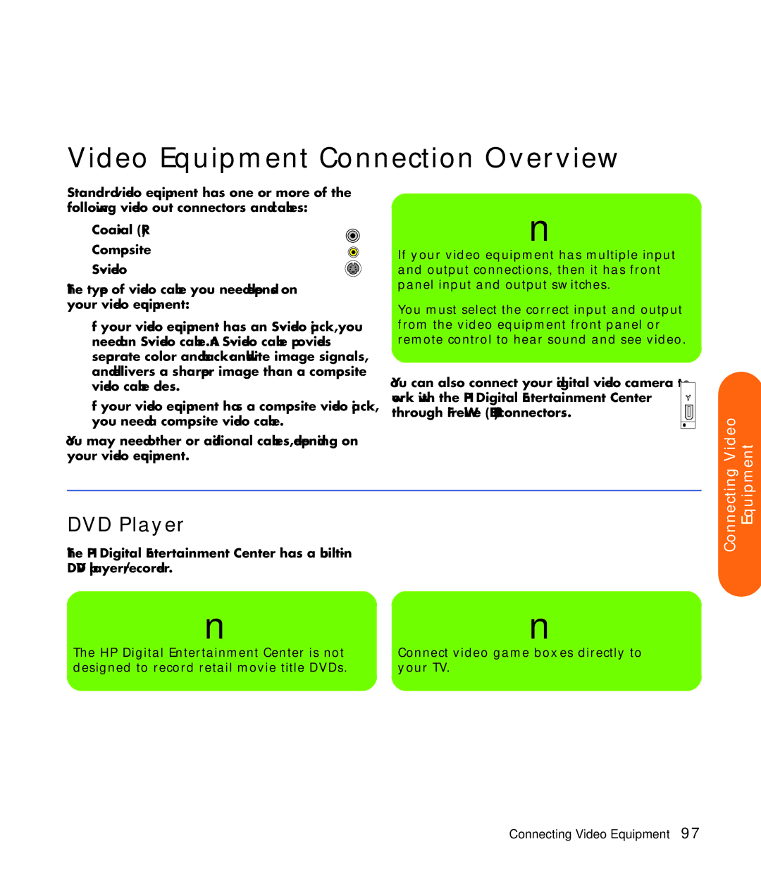 HP z545, z557, z555, z552, z540 manual Video Equipment Connection Overview, DVD Player 