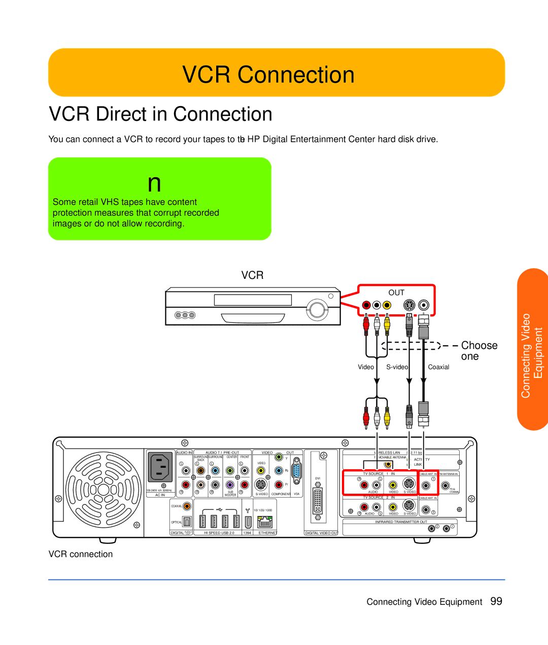 HP z557, z555, z552, z545, z540 manual VCR Connection, VCR Direct in Connection, VCR connection 