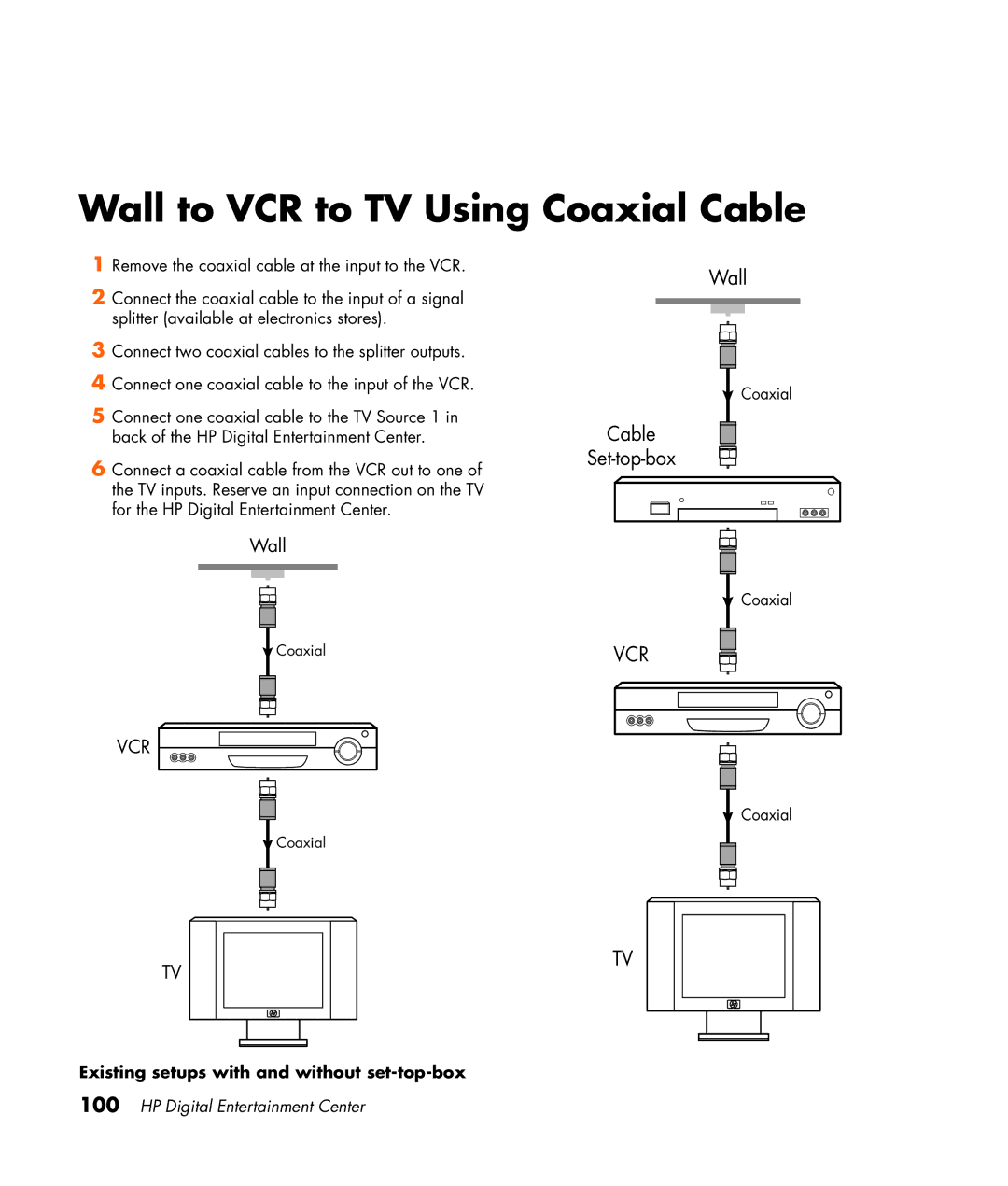 HP z555, z557, z552, z545, z540 manual Wall to VCR to TV Using Coaxial Cable, Existing setups with and without set-top-box 