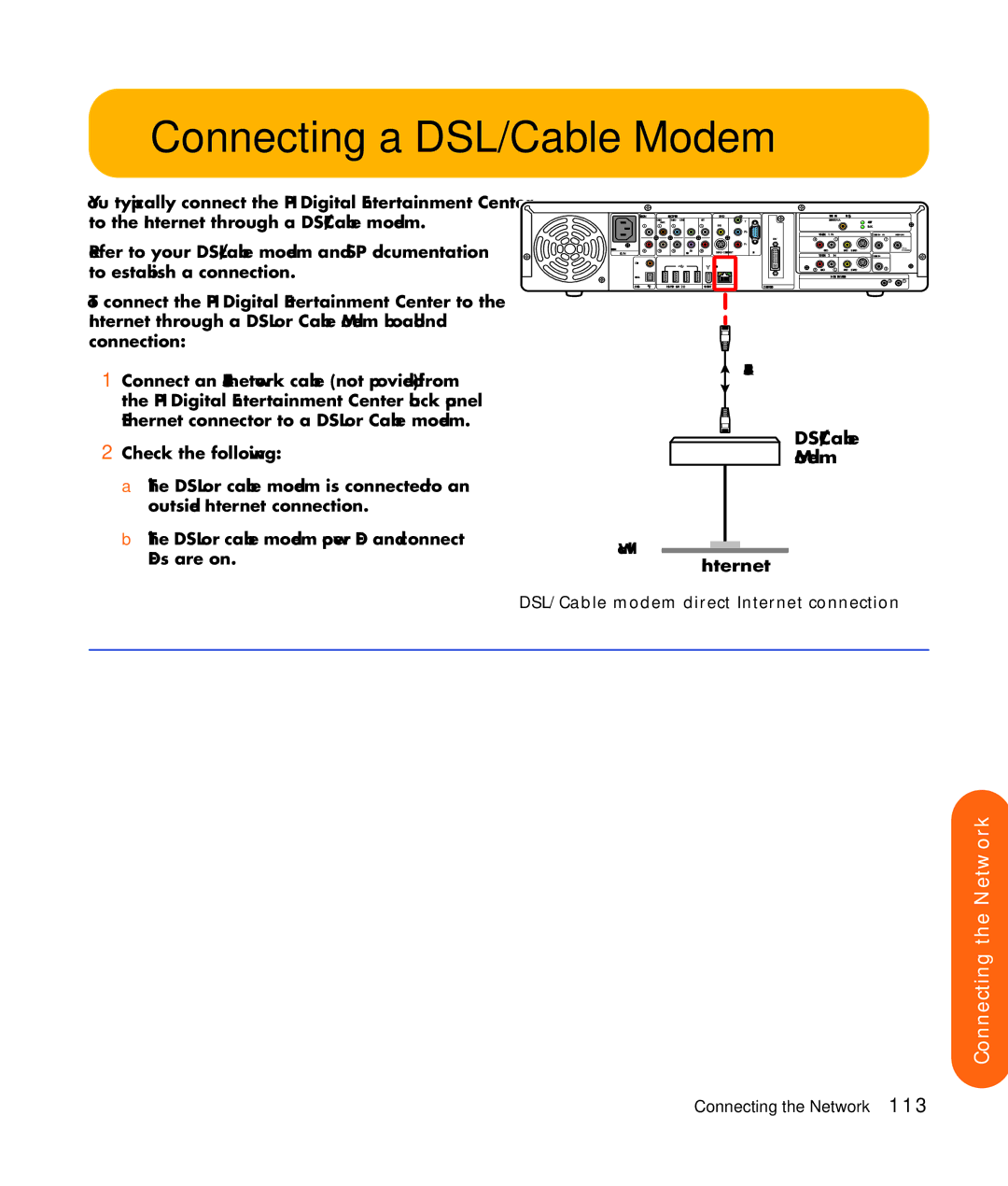 HP z540, z557, z555, z552, z545 manual Connecting a DSL/Cable Modem, DSL/Cable modem direct Internet connection 