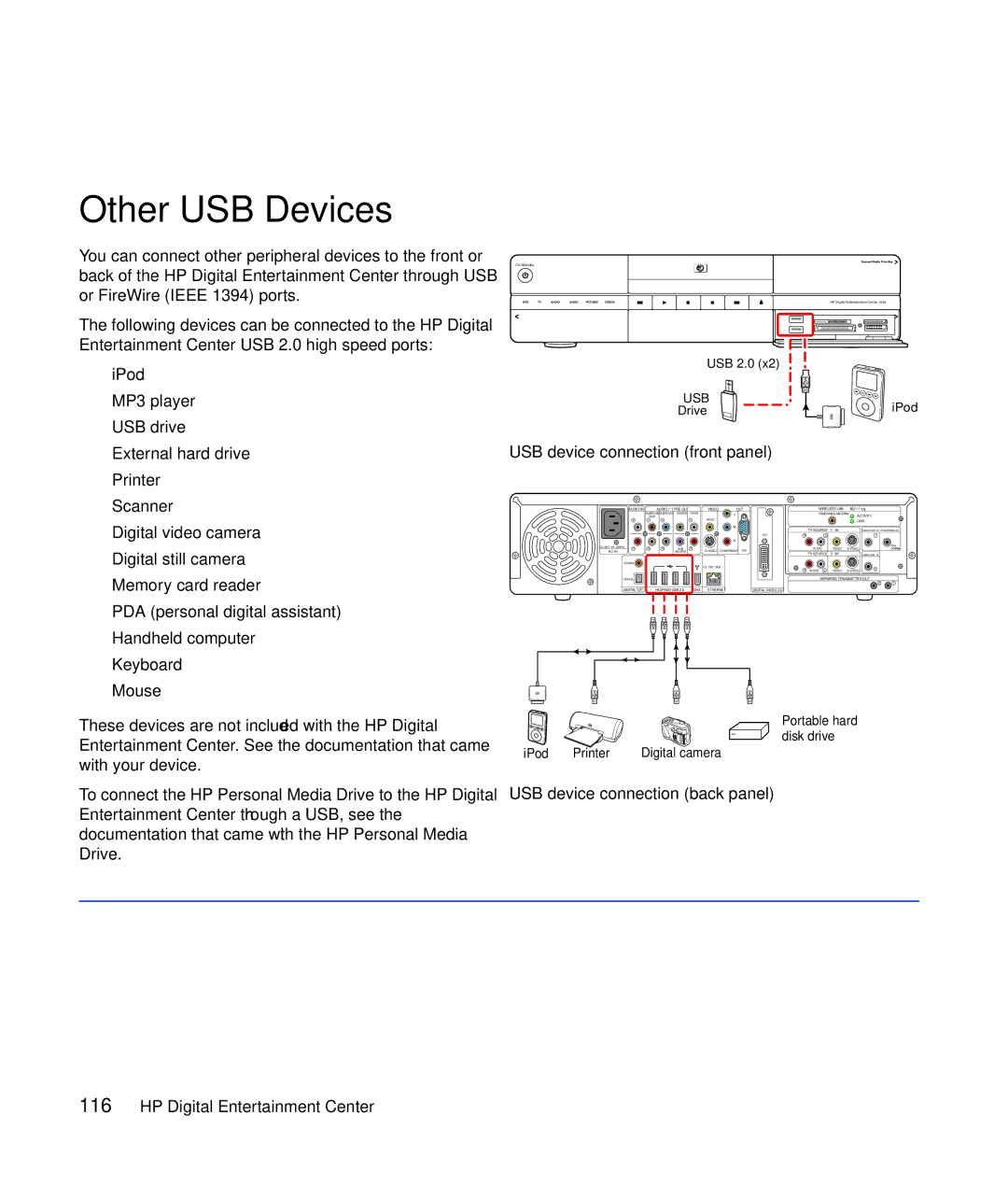 HP z552, z557, z555, z545, z540 manual Other USB Devices, USB device connection front panel, USB device connection back panel 