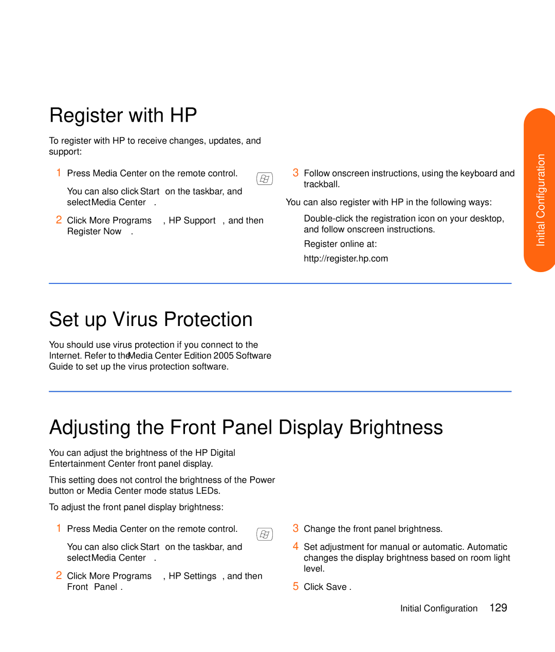 HP z557, z555, z552, z545, z540 manual Register with HP, Set up Virus Protection, Adjusting the Front Panel Display Brightness 