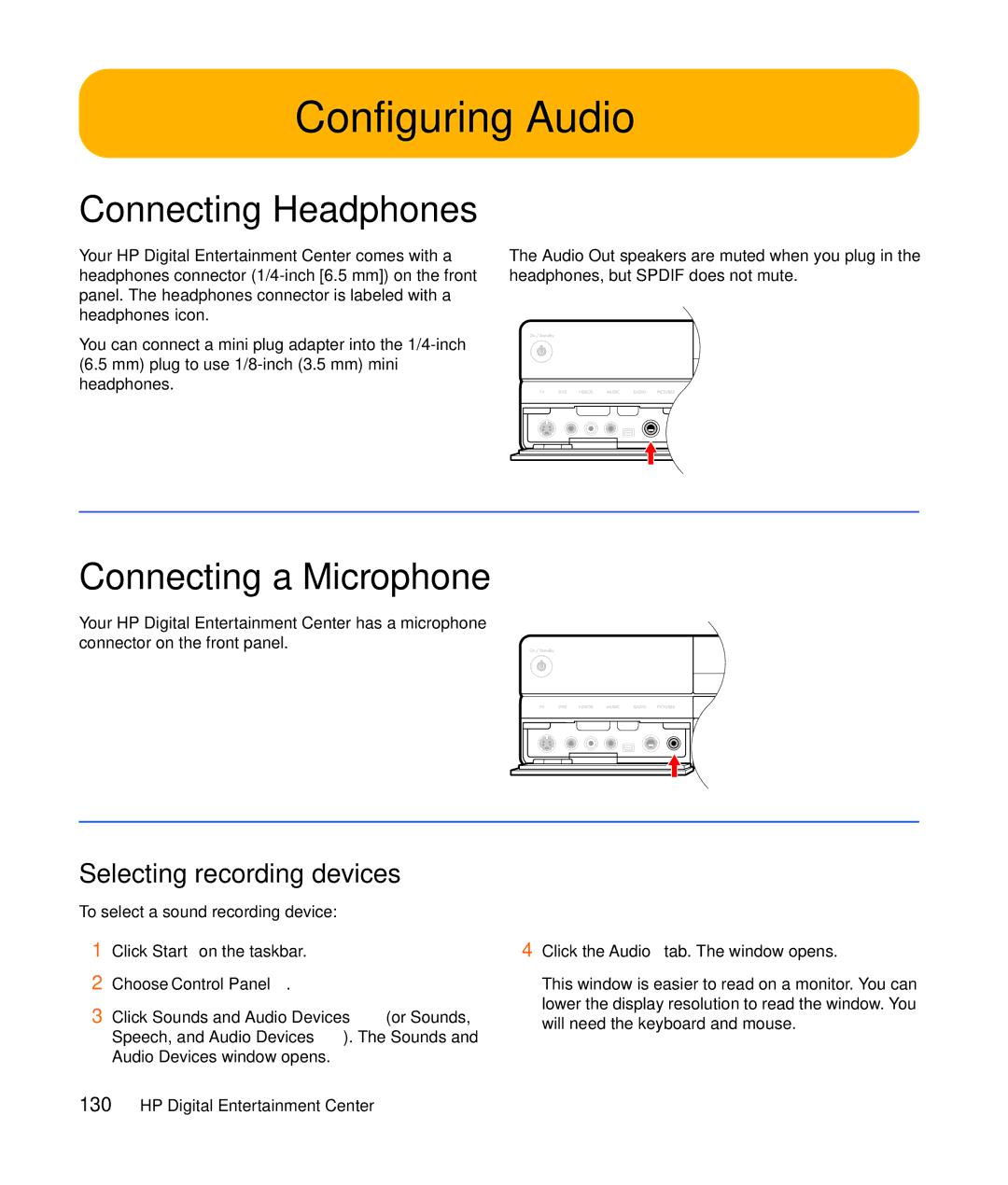 HP z555, z557, z552, z545 Configuring Audio, Connecting Headphones, Connecting a Microphone, Selecting recording devices 