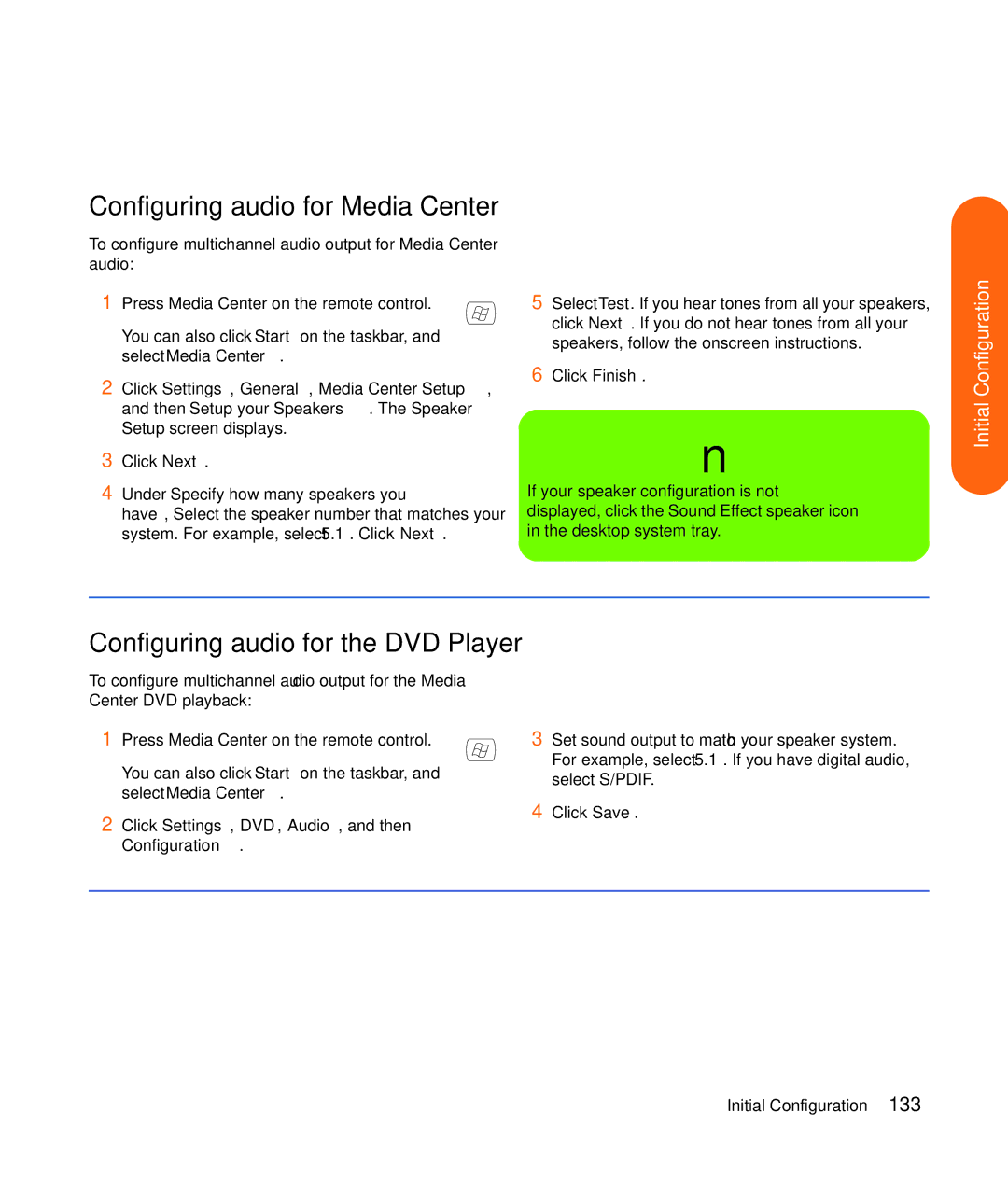 HP z540, z557, z555, z552, z545 manual Configuring audio for Media Center, Configuring audio for the DVD Player 