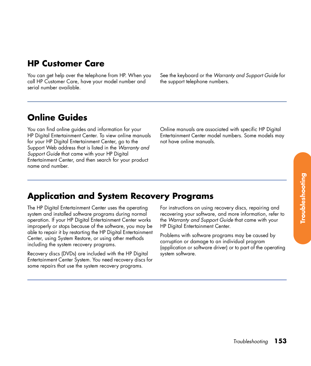 HP z540, z557, z555, z552, z545 manual HP Customer Care, Online Guides, Application and System Recovery Programs 