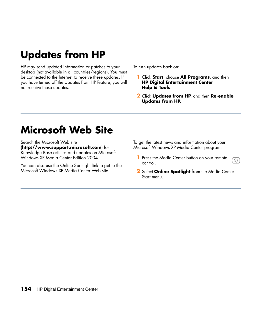 HP z557, z555, z552, z545, z540 manual Microsoft Web Site, Click Updates from HP, and then Re-enable 