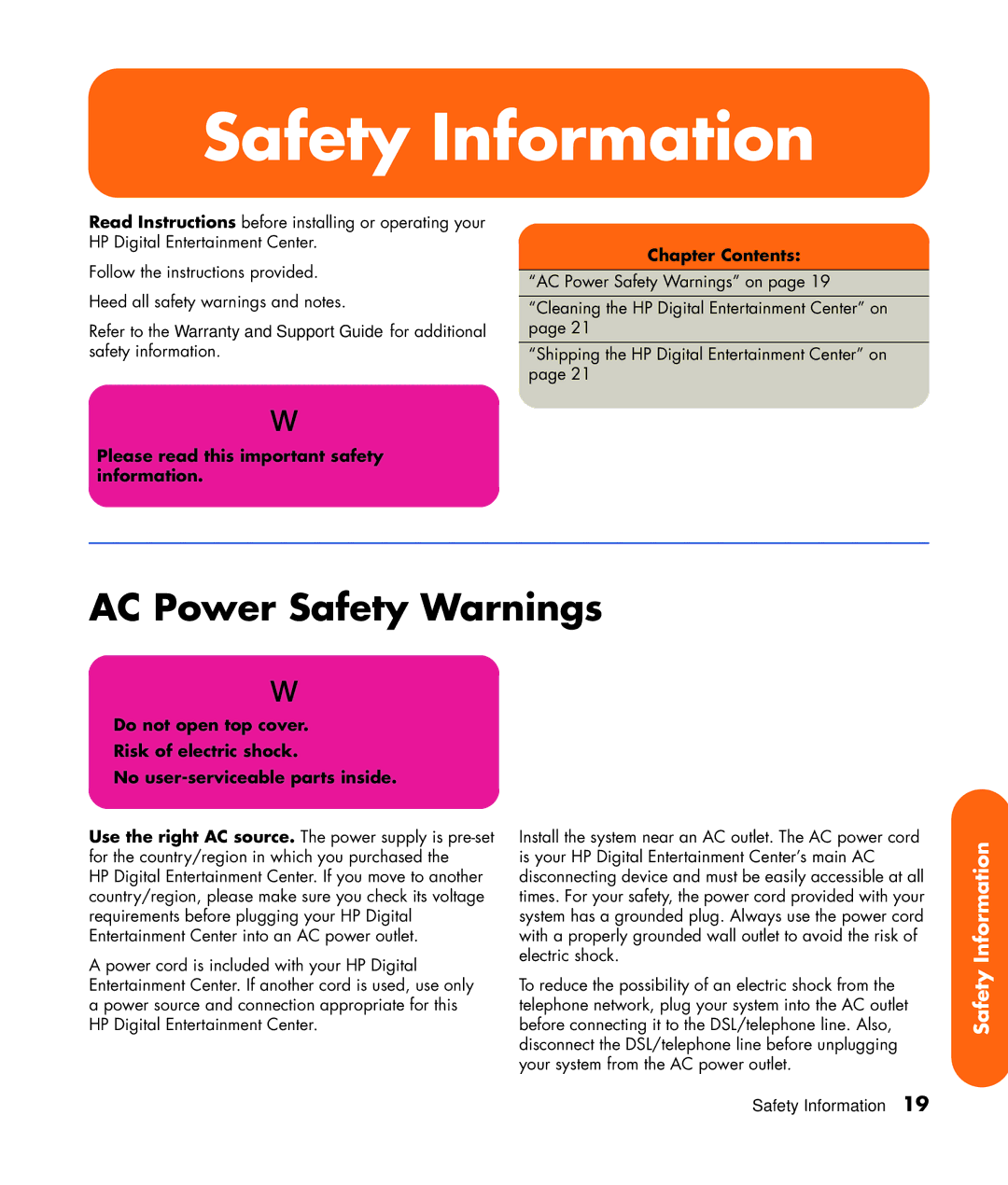 HP z557, z555, z552, z545, z540 manual AC Power Safety Warnings, Please read this important safety information 