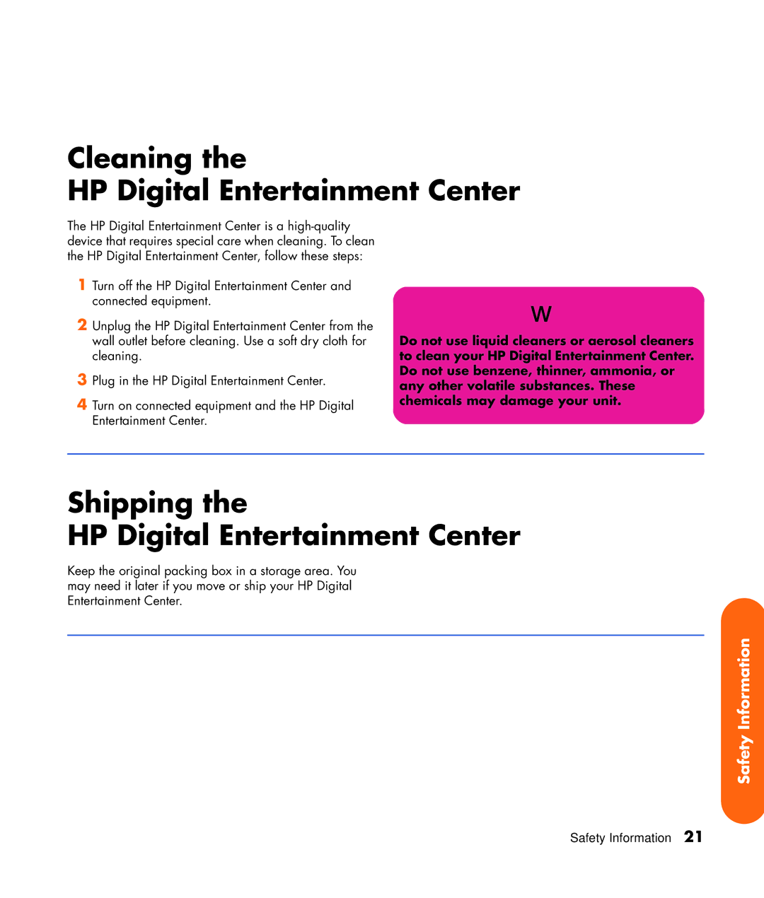 HP z552, z557, z555, z545, z540 manual Cleaning HP Digital Entertainment Center, Shipping HP Digital Entertainment Center 