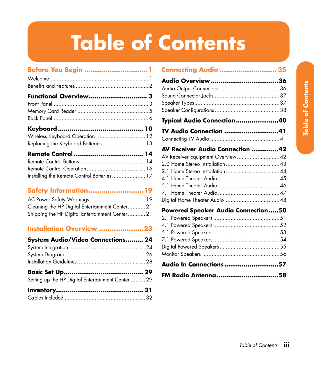 HP z545, z557, z555, z552, z540 manual Table of Contents 