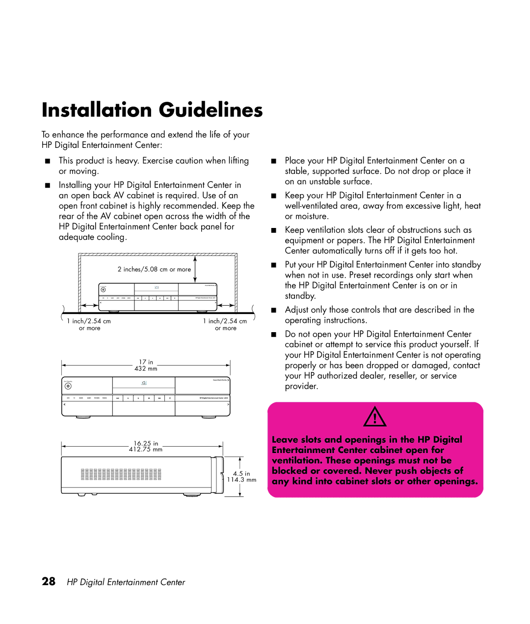 HP z540, z557, z555, z552, z545 manual Installation Guidelines, Inches/5.08 cm or more 