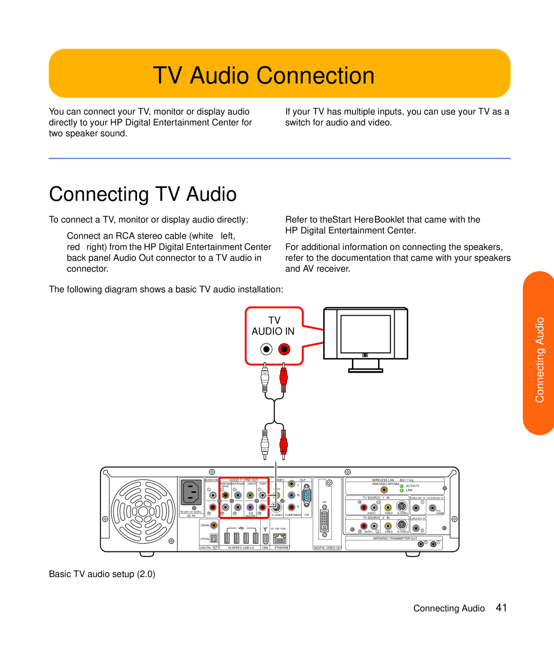 HP z552, z557, z555, z545, z540 manual TV Audio Connection, Connecting TV Audio, Basic TV audio setup 