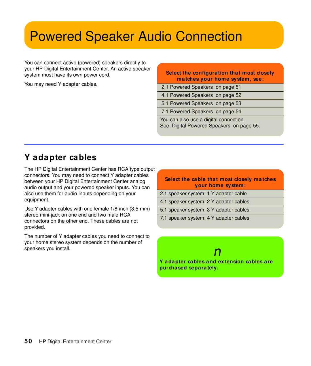 HP z555 Powered Speaker Audio Connection, Adapter cables, Select the cable that most closely matches Your home system 