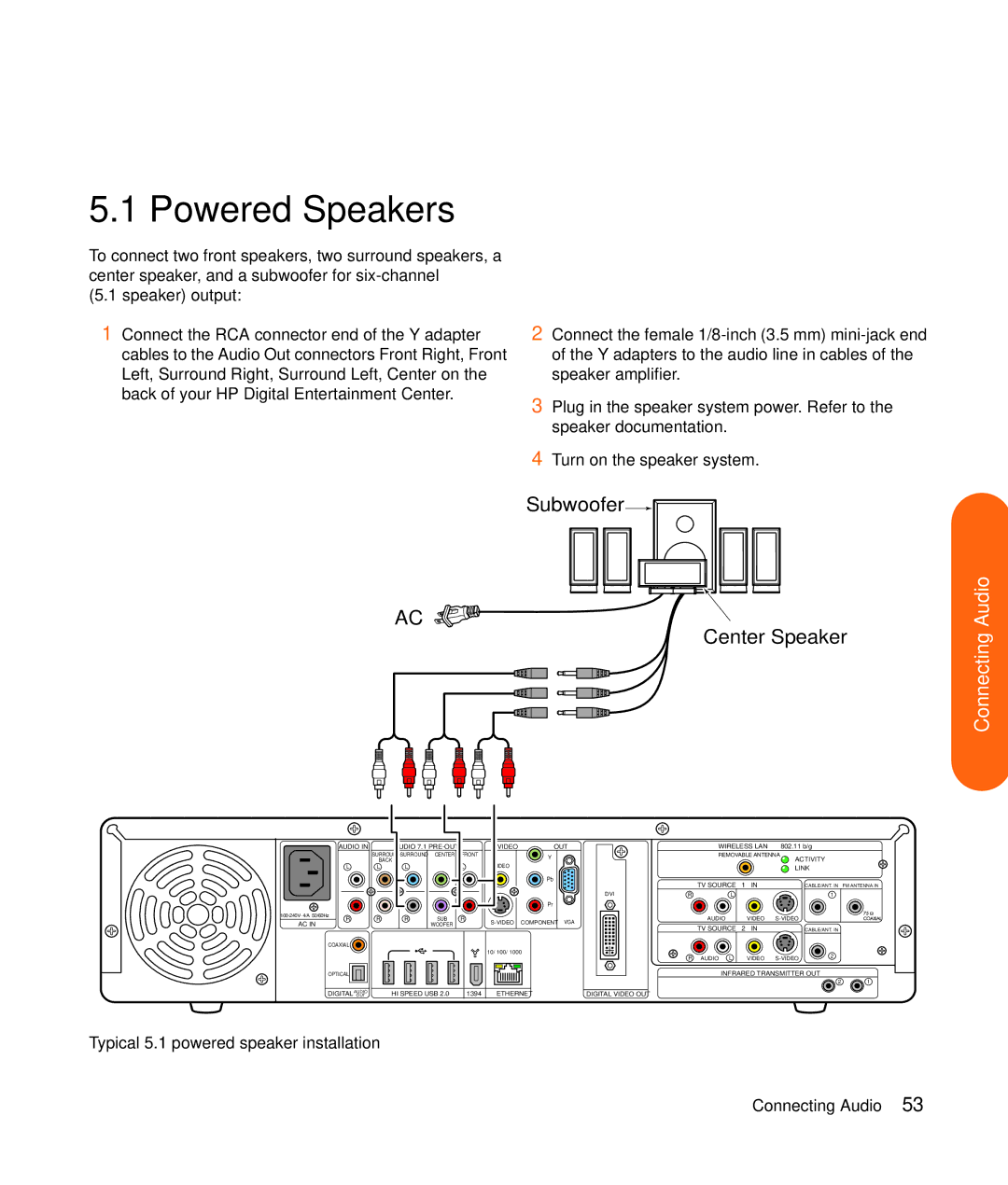 HP z540, z557, z555, z552, z545 manual Typical 5.1 powered speaker installation 