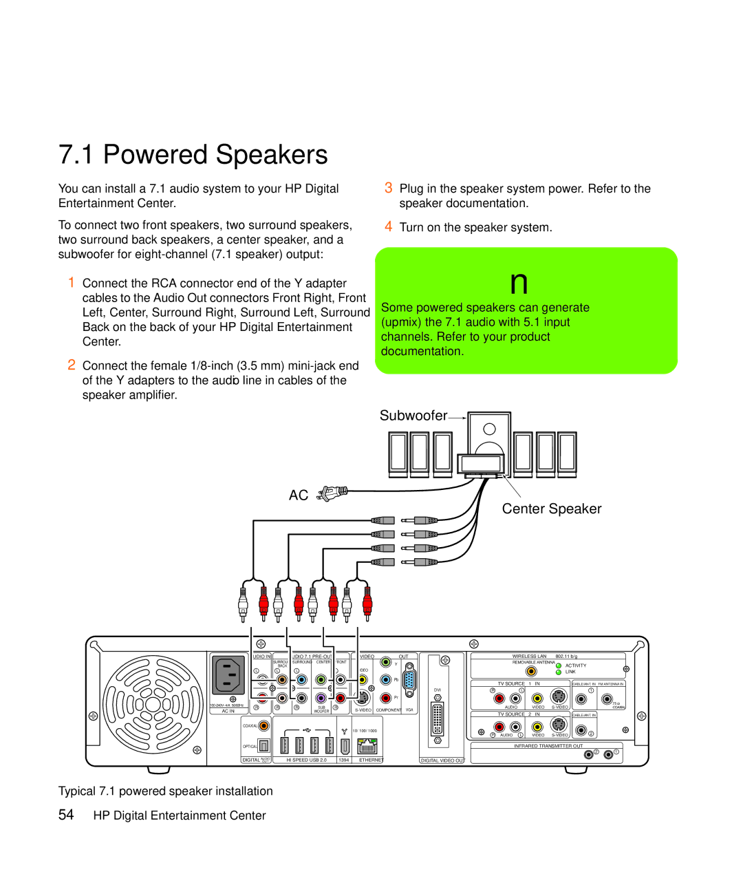 HP z557, z555, z552, z545, z540 manual Center Speaker, Typical 7.1 powered speaker installation 