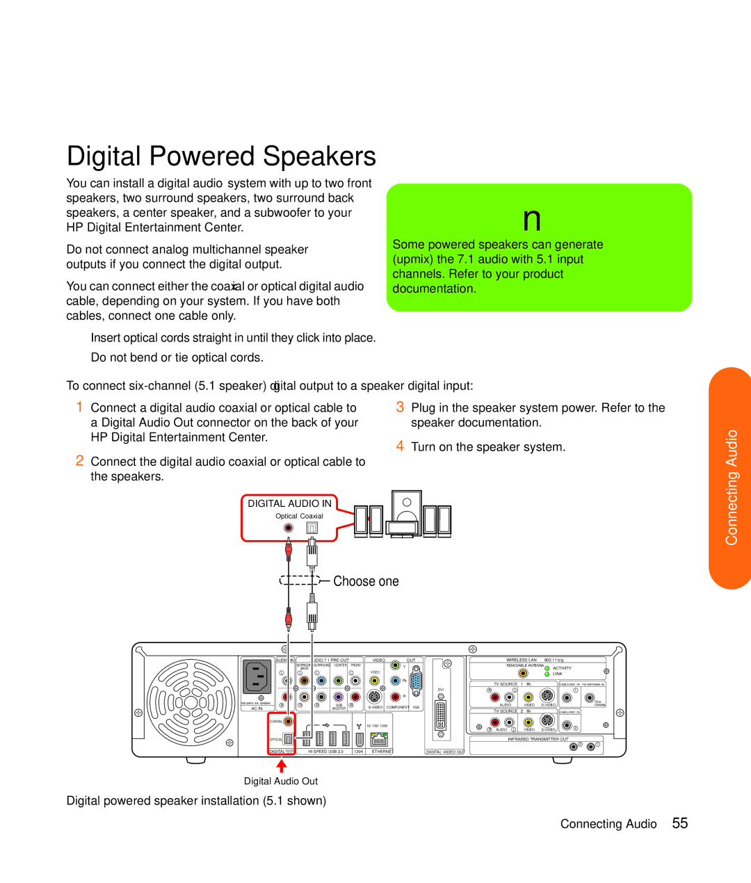 HP z555, z557, z552, z545, z540 manual Digital Powered Speakers, Choose one, Digital powered speaker installation 5.1 shown 