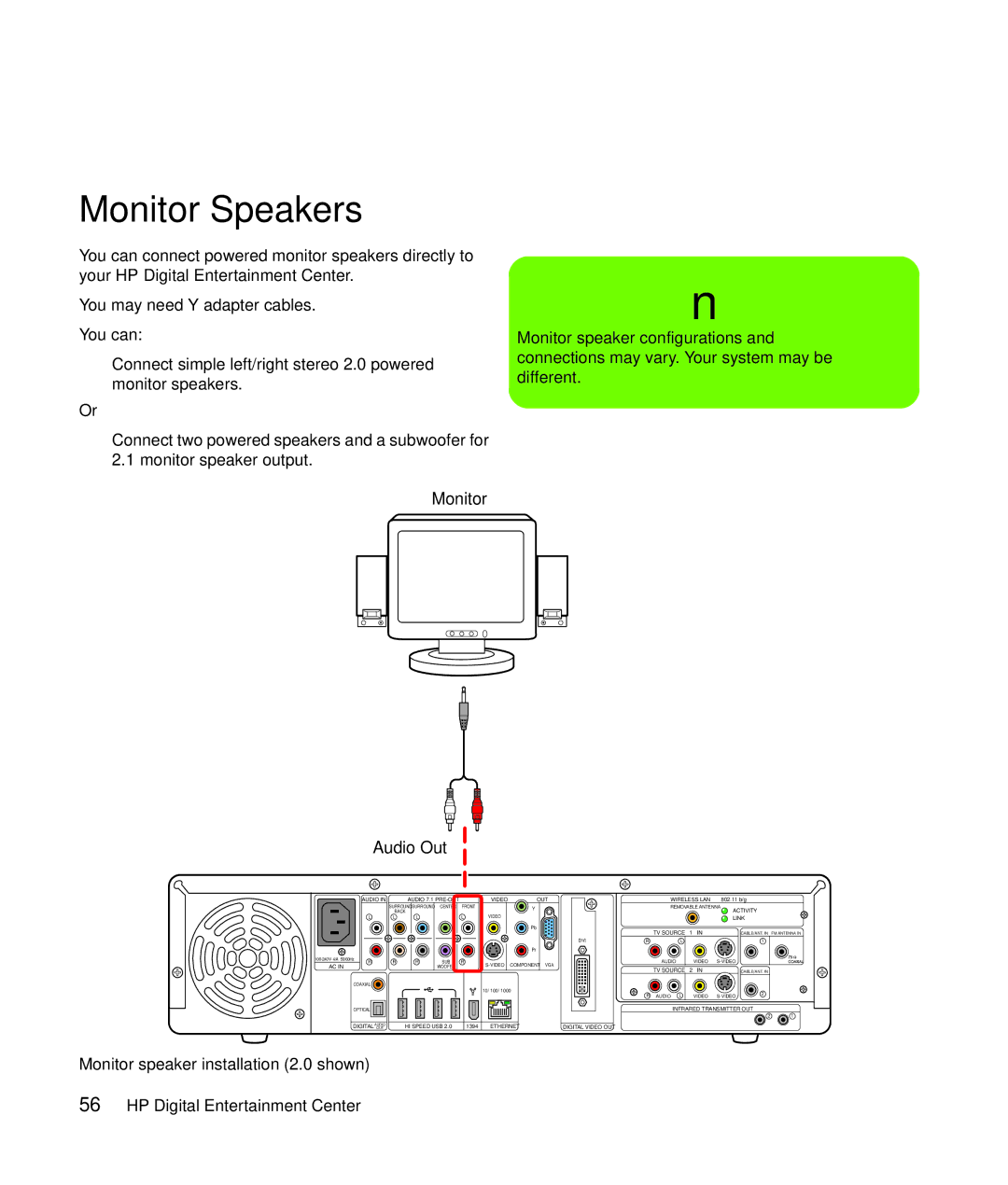 HP z552, z557, z555, z545, z540 manual Monitor Speakers, Monitor speaker installation 2.0 shown 