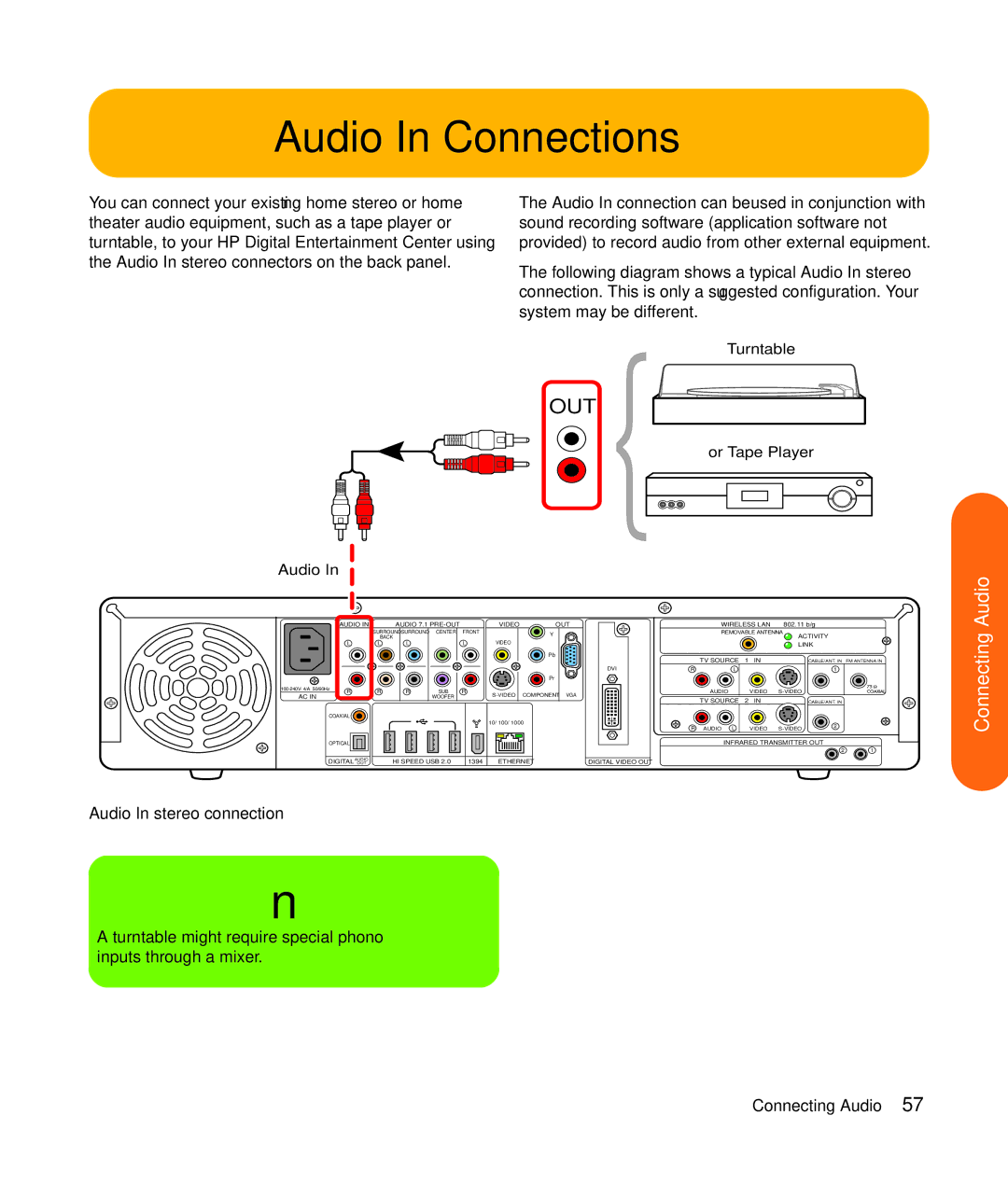 HP z545, z557, z555, z552, z540 manual Audio In Connections 