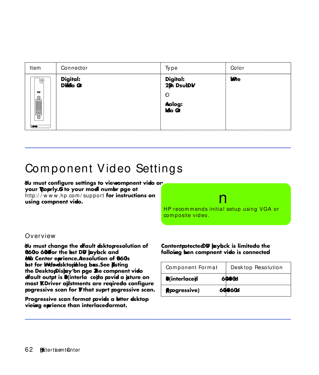 HP z545, z557, z555, z552, z540 manual Component Video Settings, HP recommends initial setup using VGA or composite video 