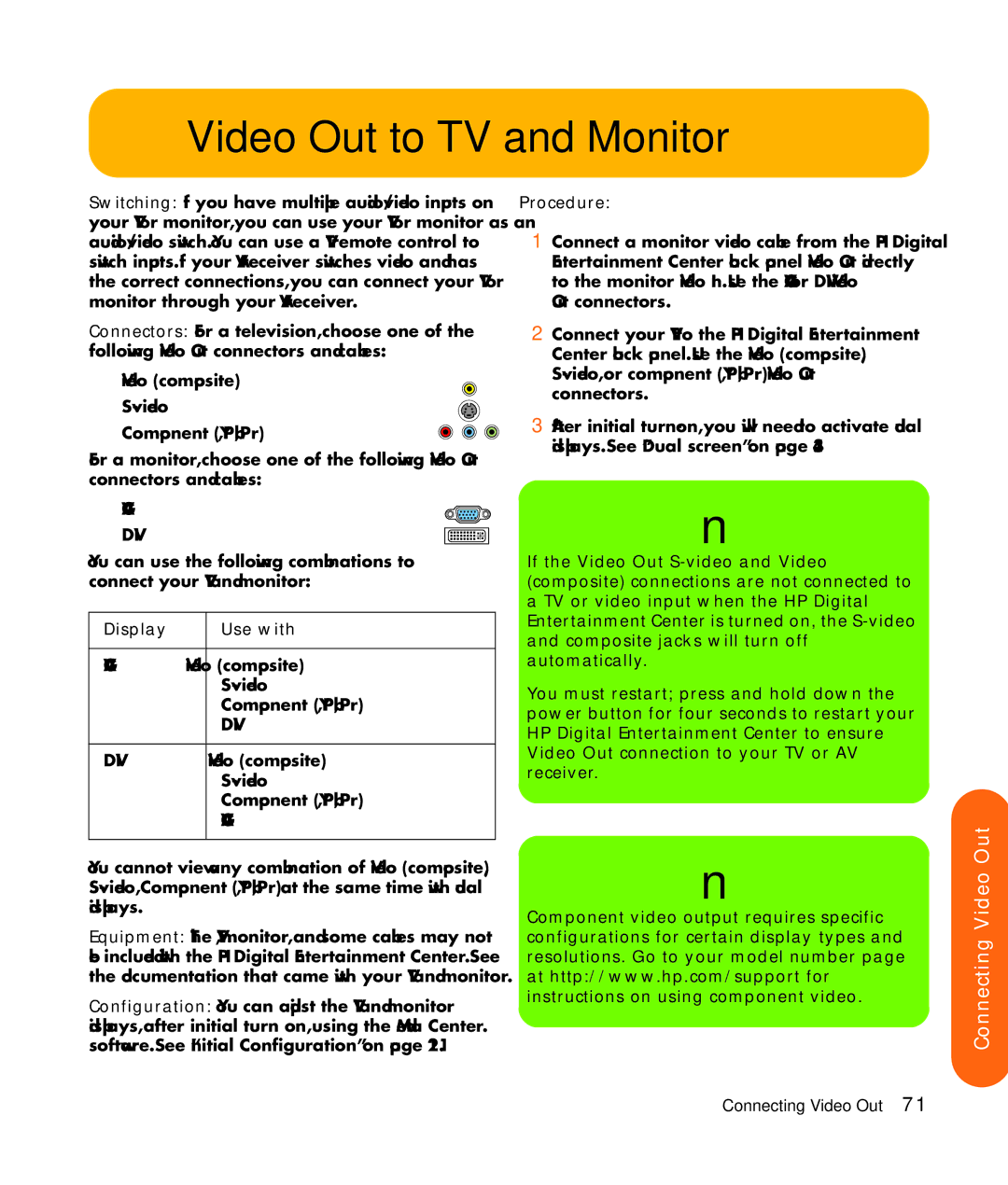 HP z552, z557, z555, z545, z540 manual Video Out to TV and Monitor, Display Use with 