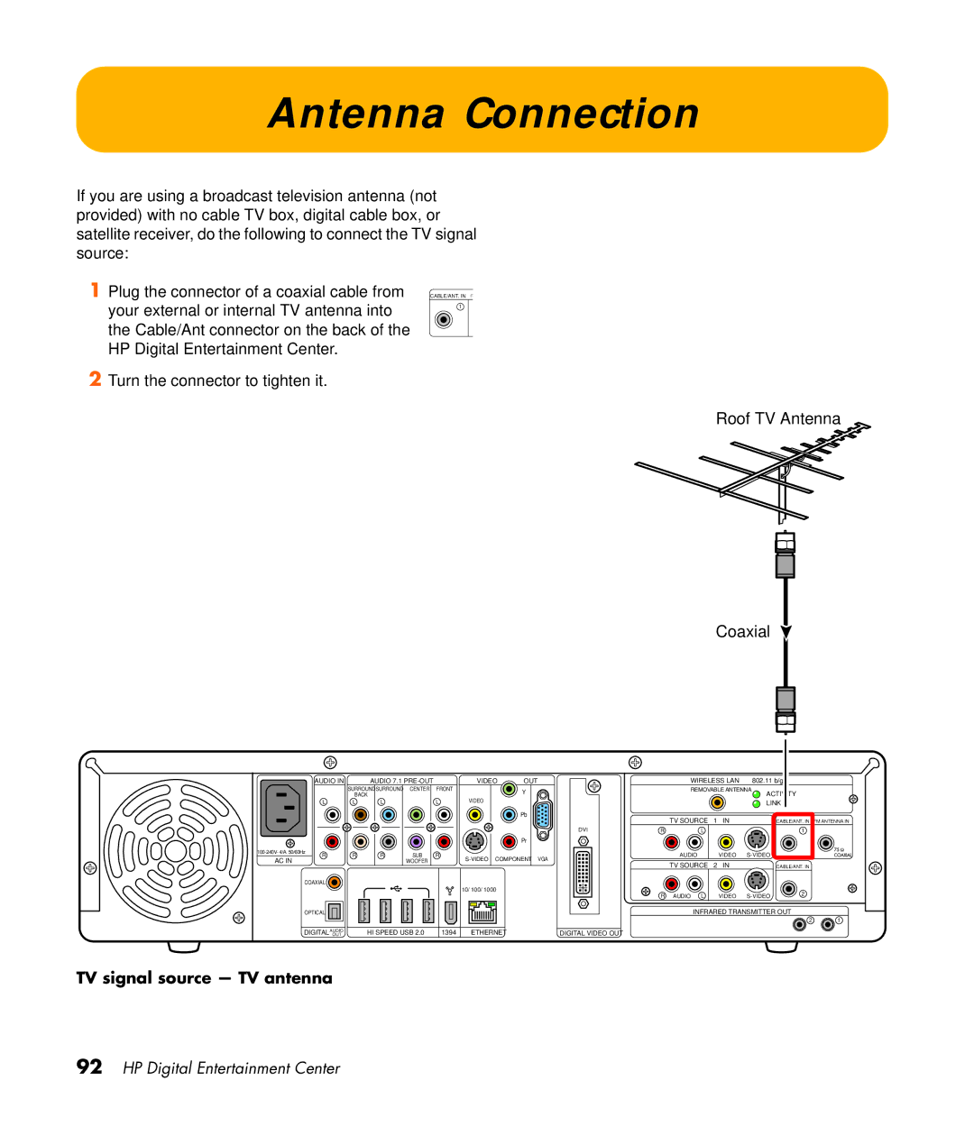 HP z545, z557, z555, z552, z540 manual Antenna Connection, TV signal source TV antenna 