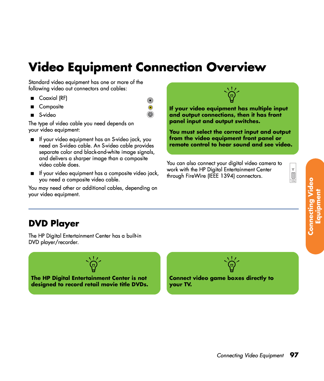 HP z545 Video Equipment Connection Overview, DVD Player, Connecting Video Equipment, Connect video game boxes directly to 