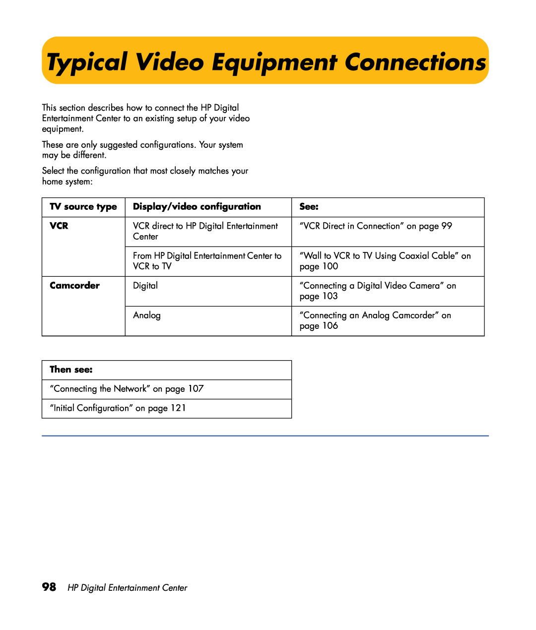 HP z540, z557, z555 Typical Video Equipment Connections, TV source type, Display/video configuration, Camcorder, Then see 