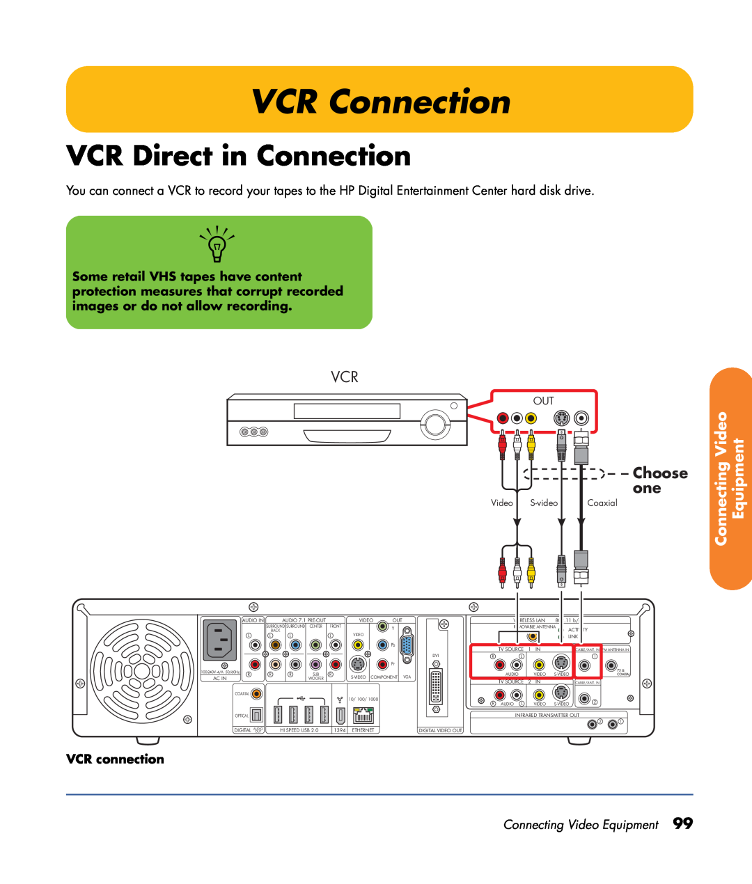 HP z557 VCR Connection, VCR Direct in Connection, Choose one, VCR connection, Connecting Video Equipment, S-video 