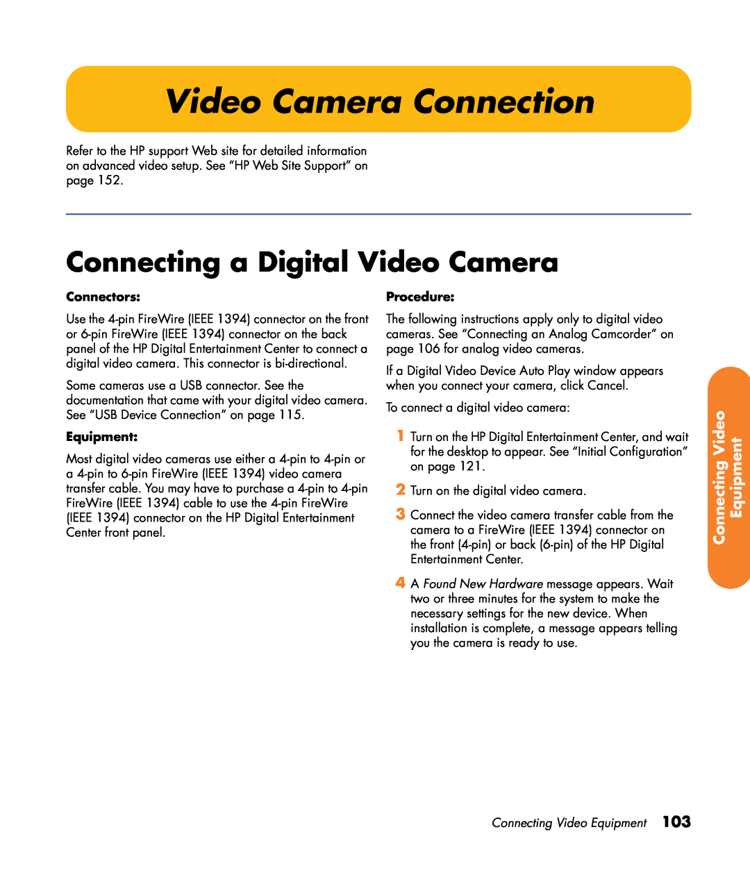 HP z540 Video Camera Connection, Connecting a Digital Video Camera, Connecting Video Equipment, Connectors, Procedure 