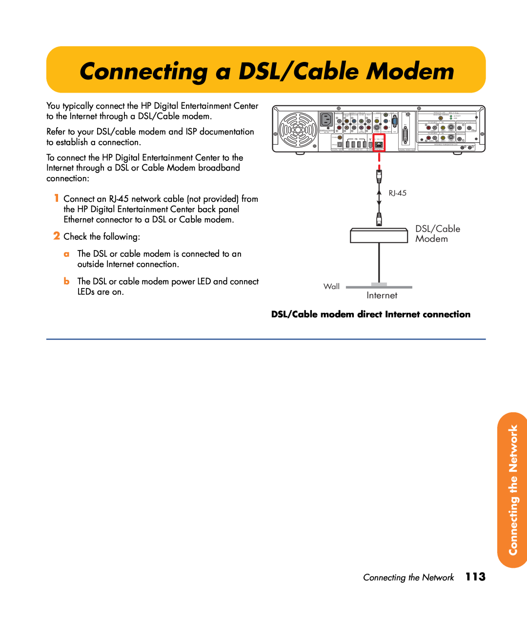 HP z540, z557, z555 Connecting a DSL/Cable Modem, Connecting the Network, DSL/Cable modem direct Internet connection 