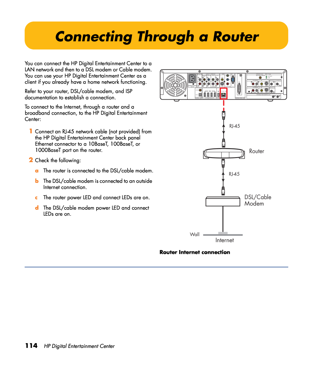 HP z557 Connecting Through a Router, DSL/Cable Modem, Router Internet connection, HP Digital Entertainment Center 