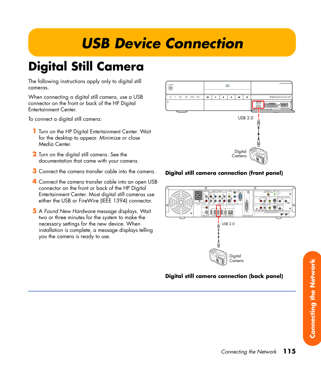 HP z555 USB Device Connection, Digital Still Camera, Connecting the Network, Digital still camera connection front panel 
