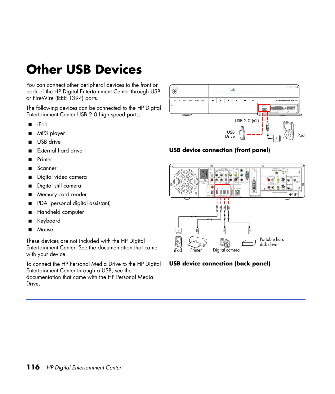 HP z552, z557, z555, z545, z540 manual Other USB Devices, USB device connection front panel, USB device connection back panel 