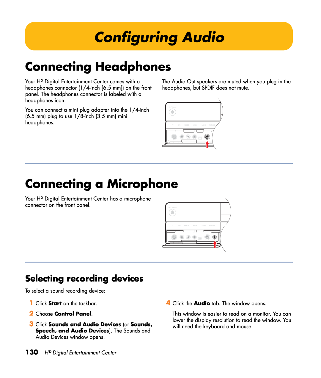 HP z555, z557, z552, z545 Configuring Audio, Connecting Headphones, Connecting a Microphone, Selecting recording devices 